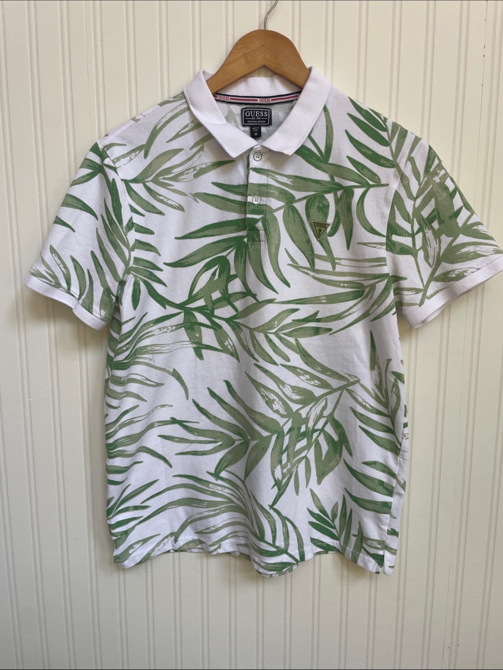 GUESS White Polo with Green Leaf Print Mens Medium